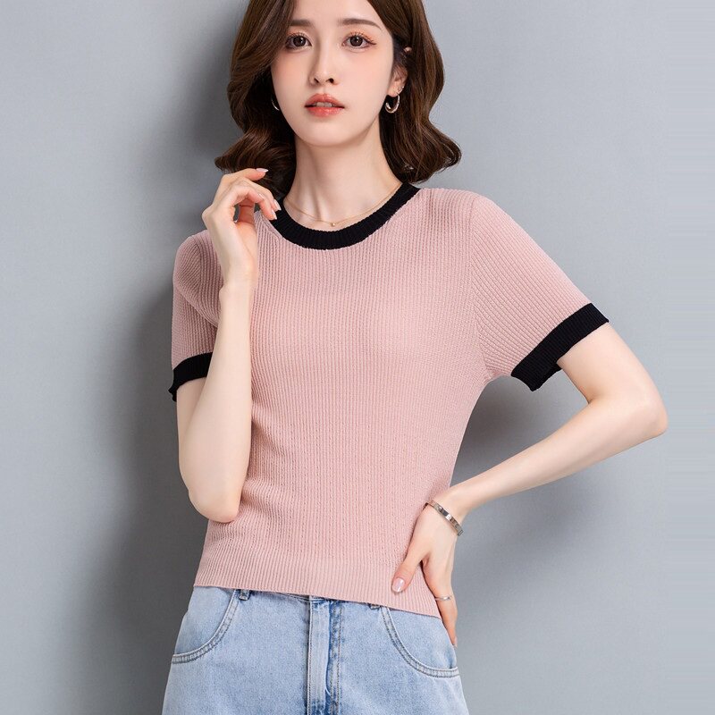 设计感拼色针织上衣女薄款2024年夏装圆领显瘦冰丝短款T恤衫短袖
