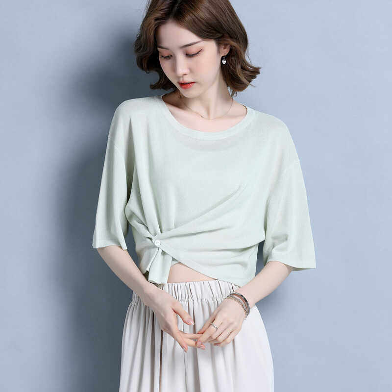 夏季短袖t恤衫女士冰丝针织圆领女罩衫设计感高腰韩版半袖上衣服