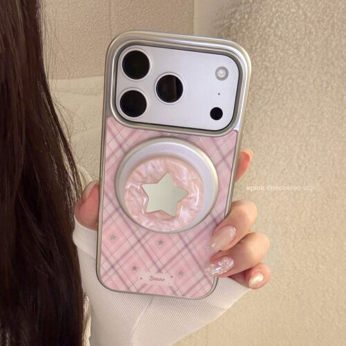 适用贝母苹果17pm手机壳磁吸支架iphone16粉格纹星星14鎏金15镜面