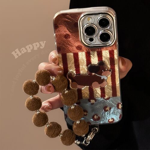 适用iphone16手机壳苹果17promax条纹复古腊肠狗13毛绒挂绳14秋冬