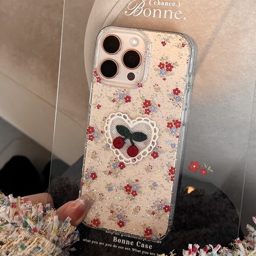 适用温柔樱桃碎花苹果17promax手机壳15闪粉iphone14文艺11透明13