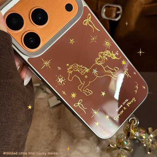 适用鎏金马年苹果17promax手机壳16iPhone15高级棕14挂链11电镀13