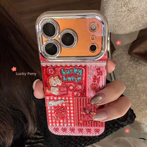 适用新年红色小马苹果17promax手机壳iphone16闪粉卡通13全包硬15