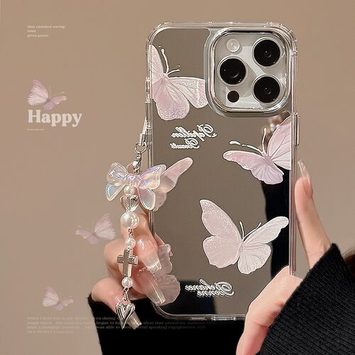 适用镜面超仙蝴蝶挂坠苹果15pro手机壳max气质iphone16防摔13硬17