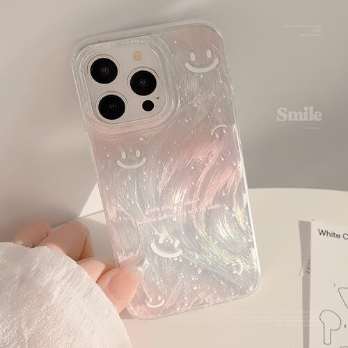 适用甜粉晕染笑脸手机壳苹果17promax羽纱iphone16防摔15硬14镭射