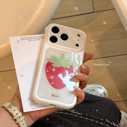 适用细闪草莓手机壳17苹果17promax韩系iphone16小众13大视窗15硬