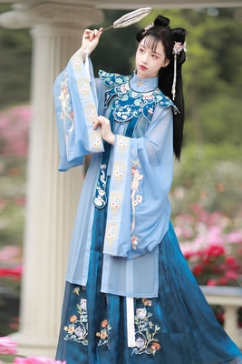 出租蓝安汉服女云肩明制古装秋齐腰襦裙飘逸广袖超仙常六米摆租赁