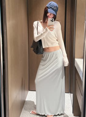 Partysu正品 韩国代购温柔风日常松紧腰波浪下摆垂感直筒半身长裙