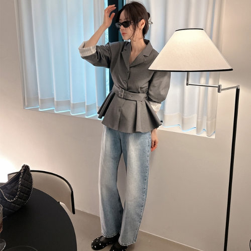 Partysu正品 韩国代购春慵懒舒适阔腿休闲弯刀牛仔裤