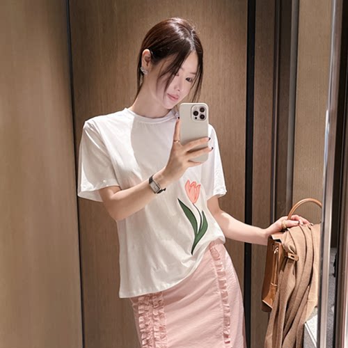 Partysu正品 韩国代购 圆领基础款休闲温婉清新郁金香花朵短袖T恤