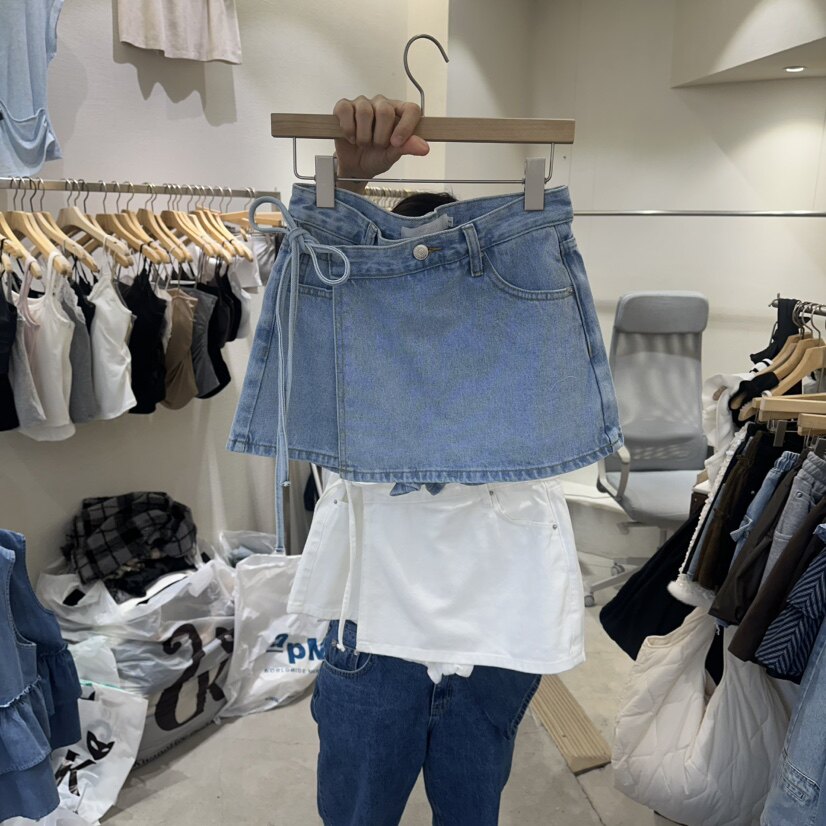 韩国正品代购 HIPTIQUE夏季新款简约假两件系带围裹式牛仔短裤