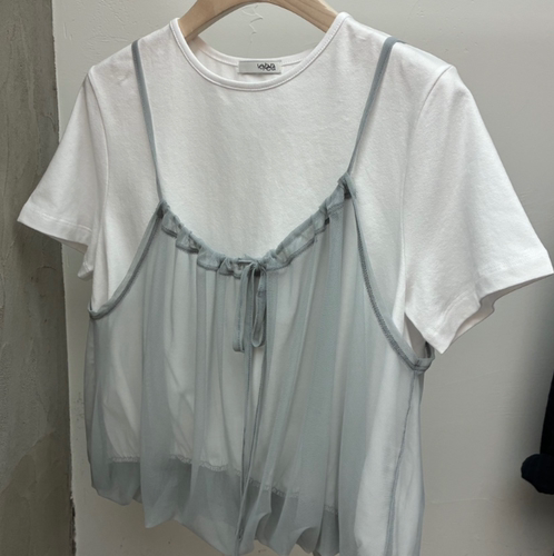 韩国正品代购 Verbena春季新款网纱假两件拼接甜美休闲短袖T恤