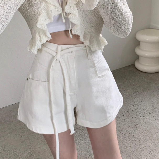 韩国正品代购春季新款系带高腰牛仔短裤女宽松显瘦休闲裤短裤