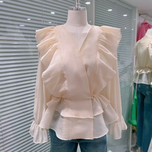 韩国正品代购 BARBARA GIRL春季新款V领荷叶边气质显瘦雪纺衬衫