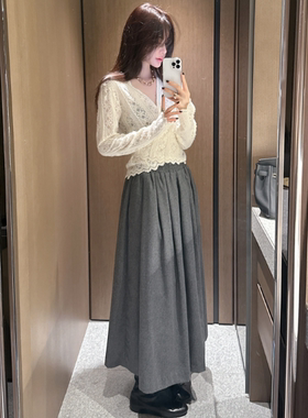 partysu韩国正品代购2025复古百褶半身裙女长款显瘦A字裙大摆裙