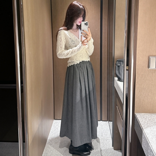 partysu韩国正品代购2025复古百褶半身裙女长款显瘦A字裙大摆裙