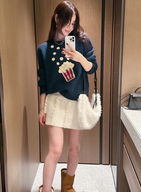 partysu韩国正品代购2025慵懒风立体花朵毛衣女冬套头针织衫上衣