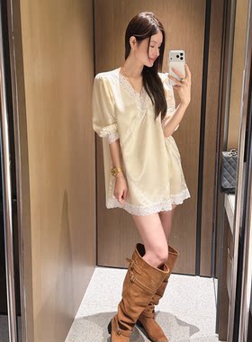 Partysu 韩国代购 法式甜美风时尚百搭V领蕾丝拼接连衣裙