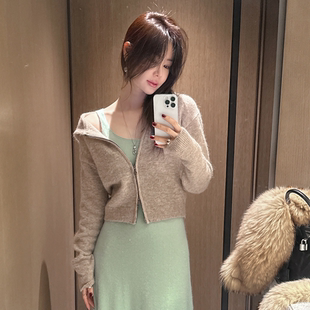 partysu韩国正品代购2025软糯风连帽拉链针织开衫女慵懒毛衣外套