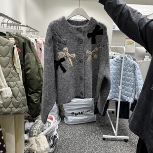 2025冬季 代购 新款 蝴蝶结装 女 VINTAGE 饰圆领针织开衫 888韩国正品