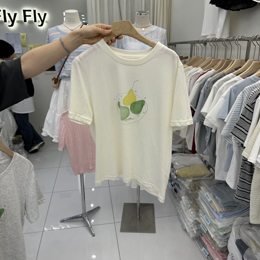 韩国正品代购 FLYFLY春季新款清新梨子印花宽松百搭温柔风减龄T恤