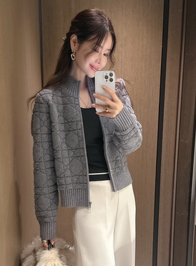 partysu韩国正品代购2025百搭菱格纹立领拉链针织开衫女短外套