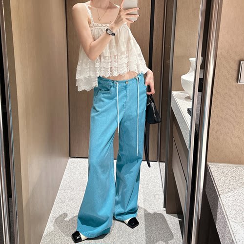 Partysu正品 韩国代购 腰头抽绳阔腿牛仔裤复古韩版日常休闲裤