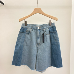 韩国正品代购 JADEMARKET夏季新款复古水洗拼色宽松阔脱牛仔短裤