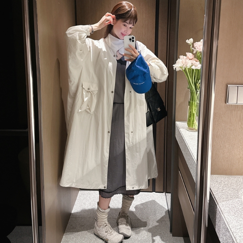 partysu韩国正品代购春季法式极简风长款风衣女宽松翻领系扣外套