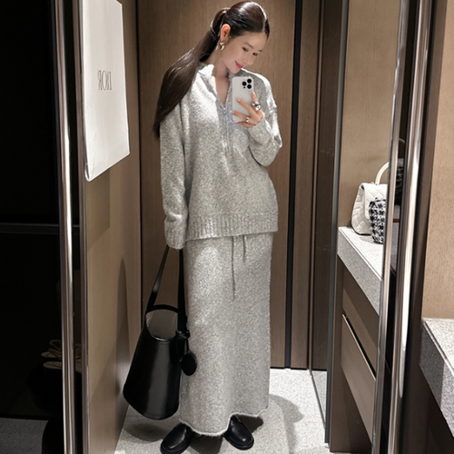 即发 partysu韩国代购2025冬季新款慵懒风针织套装毛衣长裙两件套