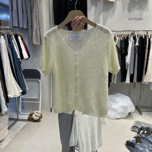 韩国正品代购 HOT PLACE春季新款时尚珍珠扣亮片装饰短袖针织T恤