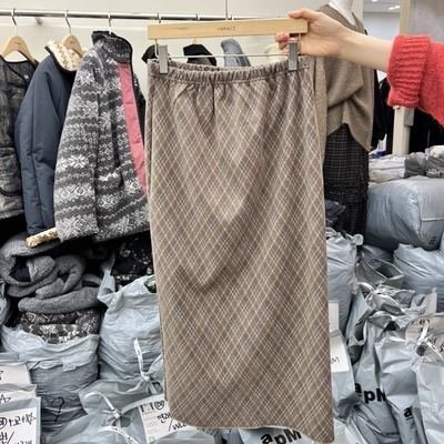 I MFACT韩国正品代购2025复古格纹半身裙女中长款包臀直筒裙百搭