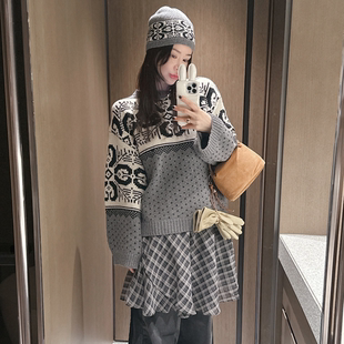 partysu韩国正品代购2025复古费尔岛印花毛衣女长袖百搭针织衫