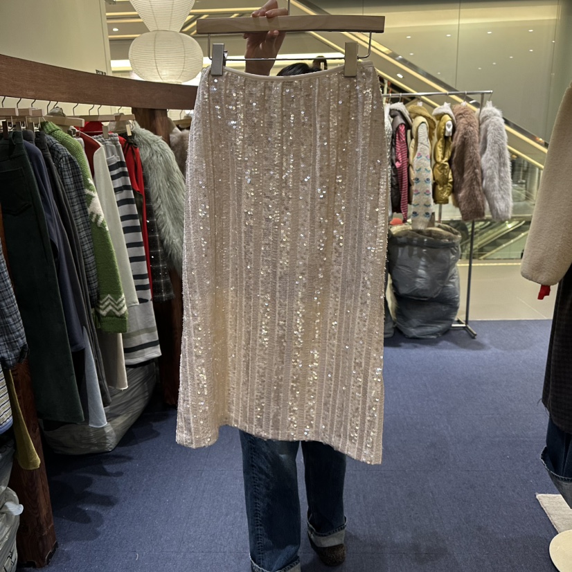 FURE韩国正品代购2025亮片半身裙女洋气减龄时尚垂感直筒中长裙