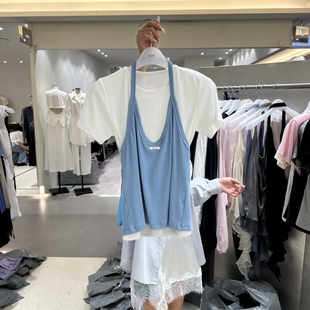 韩国正品代购 BENE春季新款假两件挂脖宽松显瘦撞色叠穿短袖T恤