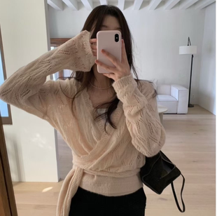 韩国正品代购春季新款V领绑带镂空针织开衫女气质百搭短款毛衣