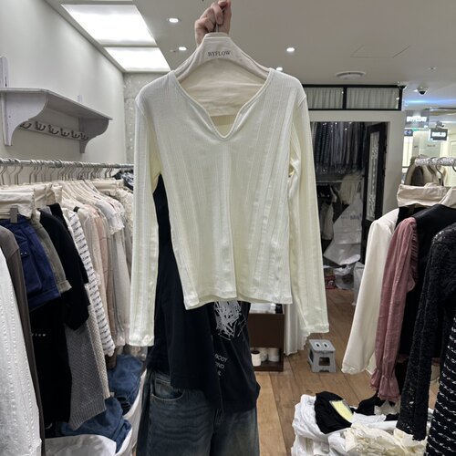 韩国正品代购 BY FLOW秋款气质小V领竖坑条简约基础款打底长袖T恤