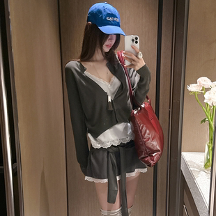 partysu韩国正品代购春季拼接V领针织开衫女修身大方时尚毛衣上衣