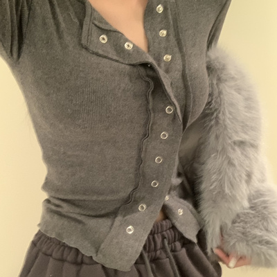 BADCALM韩国正品代购2025设计感纽扣开衫女修身针织衫打底衫上衣