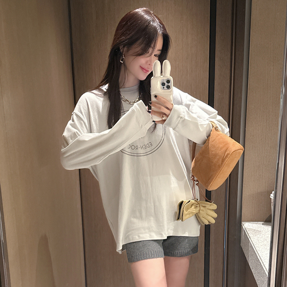 partysu韩国正品代购2025休闲慵懒风长袖T恤女宽松圆领百搭上衣