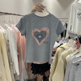 韩国正品代购2026新款元气轻活风爱心印花短袖T恤女宽松百搭上衣