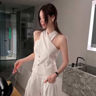 Partysu正品 韩国代购夏款极简利落风露肩无袖交叉领型挂脖背心