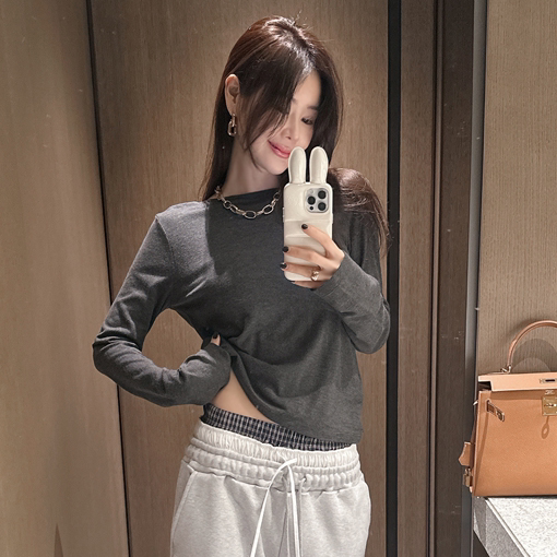 partysu韩国正品代购2025极简风长袖T恤女百搭休闲慵懒风上衣