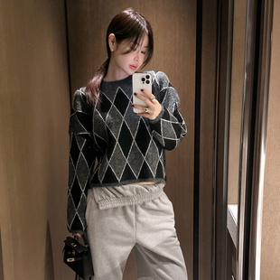 partysu韩国正品代购2025复古菱格纹针织衫圆领长袖百搭显瘦毛衣