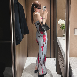 现货 Partysu正品 韩国代购夏 法式印花吊带连衣裙女夏优雅连衣裙