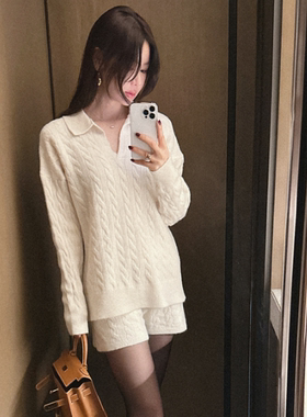 partysu韩国正品代购2025麻花针织套装女学院风毛衣+短裤两件