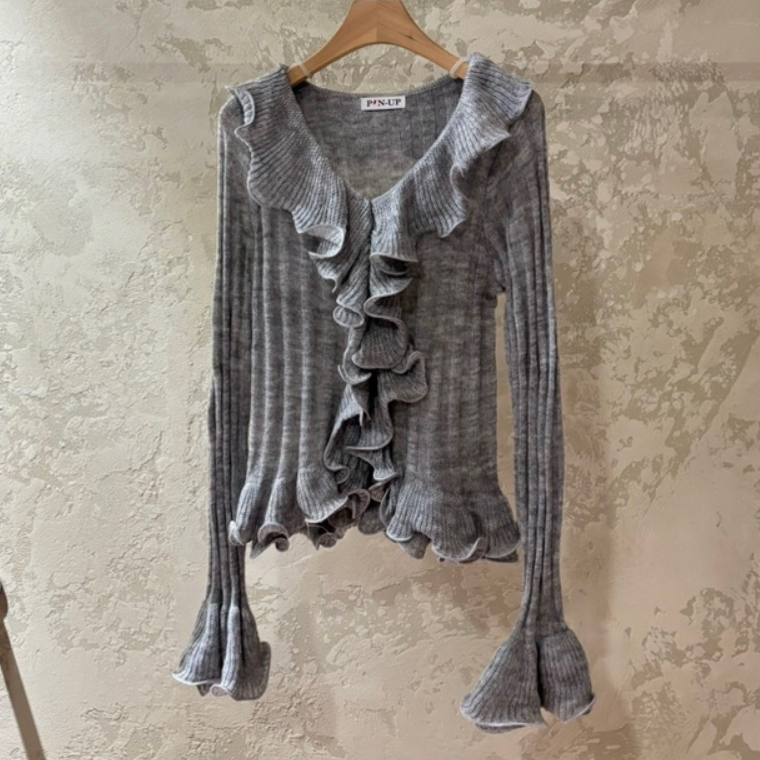 韩国正品代购春季新款温柔荷叶边木耳边针织衫女百搭喇叭袖上衣