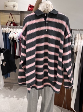TEMPTING秋 韩国代购 时尚百搭条纹撞色Polo宽松休闲日常长袖衬衫