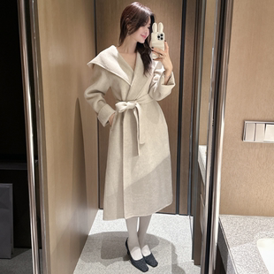 partysu韩国代购2025双面呢羊绒大衣女中长款大翻领毛呢外套