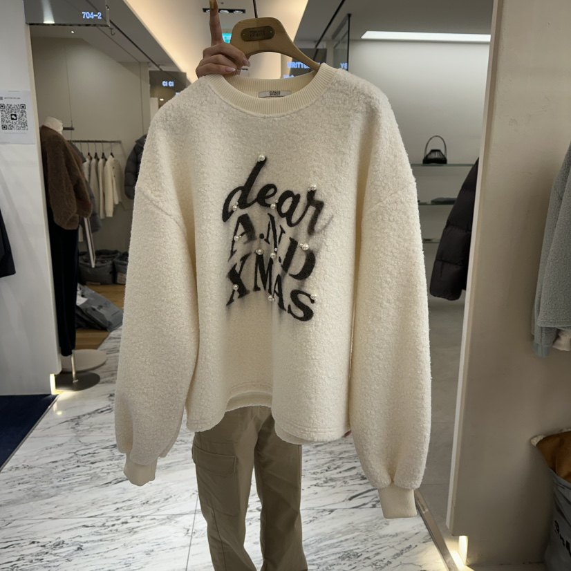 FORMING-P韩国正品代购2025圆领字母珍珠装饰毛绒卫衣女宽松上衣